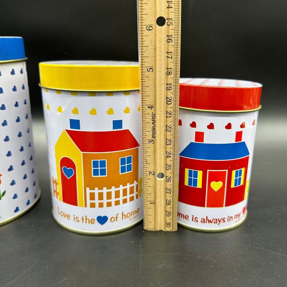 Vintage Metal Canister Set Heart Home 1980s JSNY Red Blue Yellow Cottagecore - Picture 8 of 9